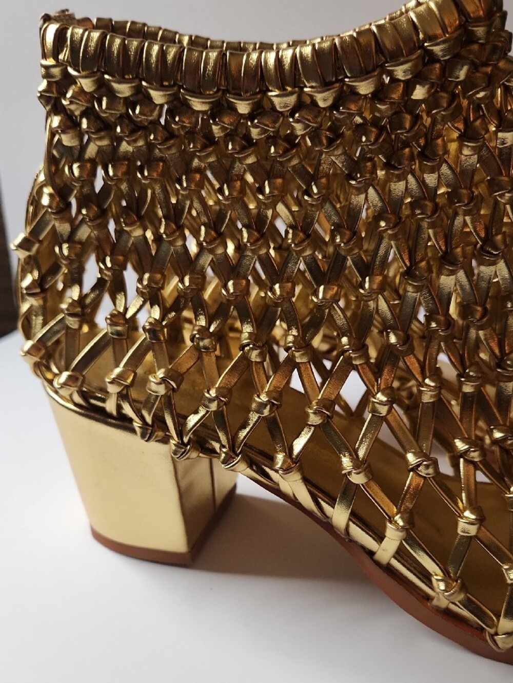 FSJ Gold Woven Caged SummerBlock Heel Bootie Size 10 Nwob - Picture 9 of 14